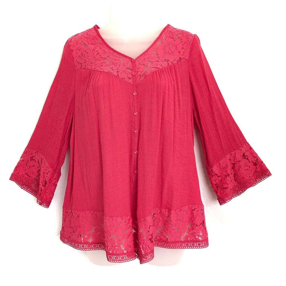 Valerie Stevens S Hot Pink Floral Rose Lace V-Neck Blouse 3/4 Bell Sleeves